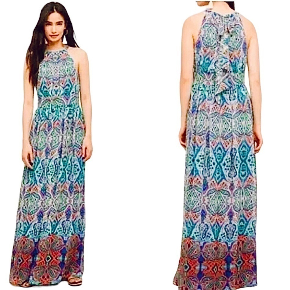Eliza J. Chiffon Teal Multi Halter Dress